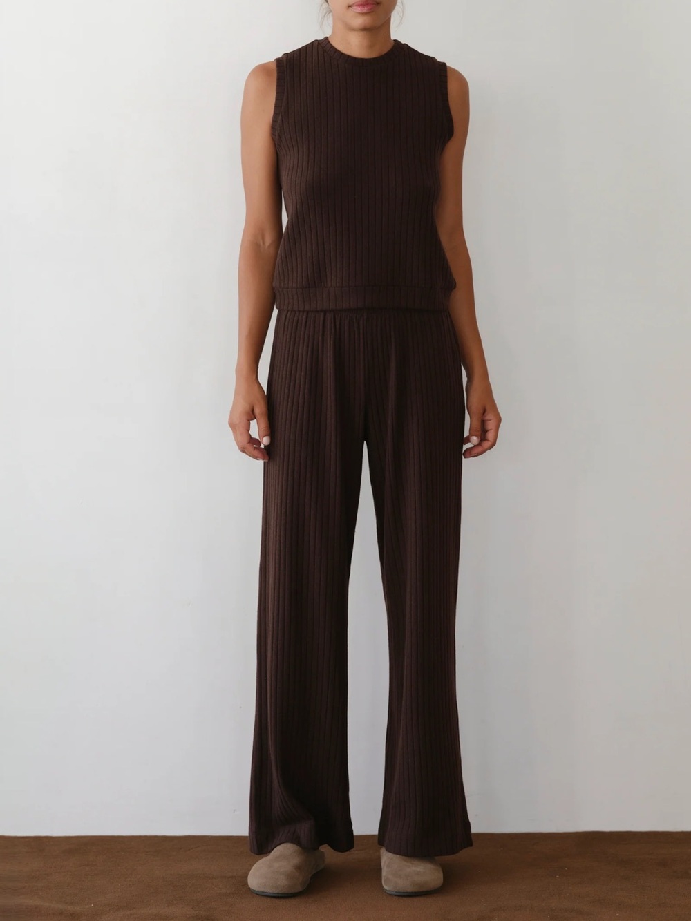DONNI. Kids Ribbed Brown Wide-Leg Joggers